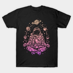 Meditating Astronaut Planets Colorful Lotus Women Meditation T-Shirt